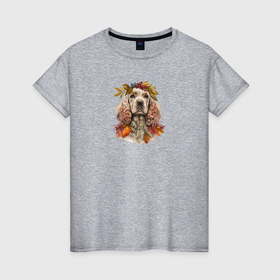 Женская футболка хлопок с принтом Американский кокер спаниель осенний арт в Петрозаводске, 100% хлопок | прямой крой, круглый вырез горловины, длина до линии бедер, слегка спущенное плечо | 