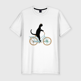 Мужская футболка хлопок Slim с принтом Кот на велосипеде , 92% хлопок, 8% лайкра | приталенный силуэт, круглый вырез ворота, длина до линии бедра, короткий рукав | 