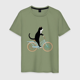Мужская футболка хлопок с принтом Кот на велосипеде , 100% хлопок | прямой крой, круглый вырез горловины, длина до линии бедер, слегка спущенное плечо. | 