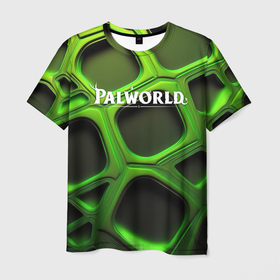 Мужская футболка 3D с принтом Palworld логотип на зеленой объемной абстракции в Кировске, 100% полиэфир | прямой крой, круглый вырез горловины, длина до линии бедер | Тематика изображения на принте: 