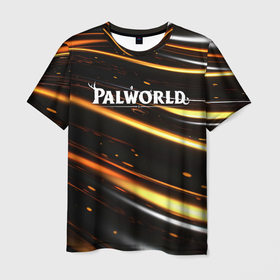 Мужская футболка 3D с принтом Palworld логотип золотые волны на черном в Кировске, 100% полиэфир | прямой крой, круглый вырез горловины, длина до линии бедер | Тематика изображения на принте: 