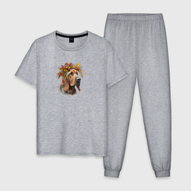 Мужская пижама хлопок с принтом Бладхаунд осенний арт в Тюмени, 100% хлопок | брюки и футболка прямого кроя, без карманов, на брюках мягкая резинка на поясе и по низу штанин
 | Тематика изображения на принте: 