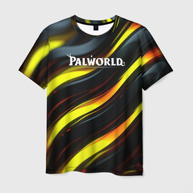 Мужская футболка 3D с принтом Palworld логотип золотые и черные  волны в Санкт-Петербурге, 100% полиэфир | прямой крой, круглый вырез горловины, длина до линии бедер | 