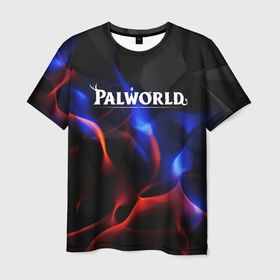 Мужская футболка 3D с принтом Palworld логотип на черном и фиолетовом абстракте в Кировске, 100% полиэфир | прямой крой, круглый вырез горловины, длина до линии бедер | 