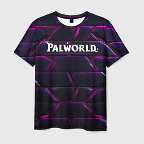 Мужская футболка 3D с принтом Palworld логотип фиолетовые яркие плиты в Екатеринбурге, 100% полиэфир | прямой крой, круглый вырез горловины, длина до линии бедер | 