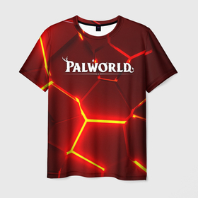 Мужская футболка 3D с принтом Palworld логотип разлом красных плит в Белгороде, 100% полиэфир | прямой крой, круглый вырез горловины, длина до линии бедер | Тематика изображения на принте: 