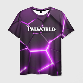 Мужская футболка 3D с принтом Palworld логотип разлом фиолетовых плит , 100% полиэфир | прямой крой, круглый вырез горловины, длина до линии бедер | 