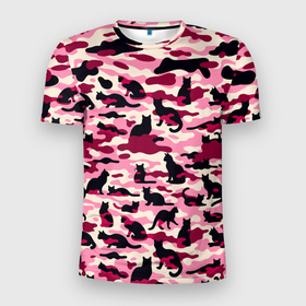 Мужская футболка 3D Slim с принтом Камуфляжные розовые котики , 100% полиэстер с улучшенными характеристиками | приталенный силуэт, круглая горловина, широкие плечи, сужается к линии бедра | 