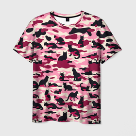 Мужская футболка 3D с принтом Камуфляжные розовые котики в Петрозаводске, 100% полиэфир | прямой крой, круглый вырез горловины, длина до линии бедер | 