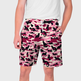 Мужские шорты 3D с принтом Камуфляжные розовые котики в Кировске,  полиэстер 100% | прямой крой, два кармана без застежек по бокам. Мягкая трикотажная резинка на поясе, внутри которой широкие завязки. Длина чуть выше колен | 