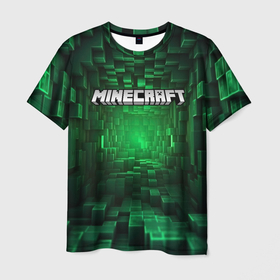 Мужская футболка 3D с принтом Minecraft logo зеленые плитки в Курске, 100% полиэфир | прямой крой, круглый вырез горловины, длина до линии бедер | 
