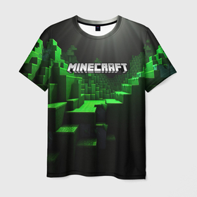 Мужская футболка 3D с принтом Minecraft logo зеленые яркие плитки , 100% полиэфир | прямой крой, круглый вырез горловины, длина до линии бедер | 