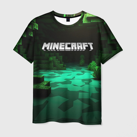 Мужская футболка 3D с принтом Minecraft logo зеленый яркий мир в Курске, 100% полиэфир | прямой крой, круглый вырез горловины, длина до линии бедер | 