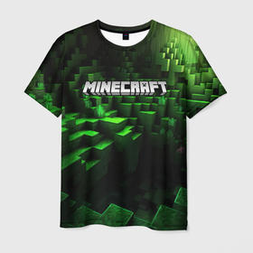 Мужская футболка 3D с принтом Minecraft logo зеленые кубики в Курске, 100% полиэфир | прямой крой, круглый вырез горловины, длина до линии бедер | 