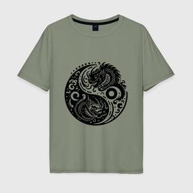 Мужская футболка хлопок Oversize с принтом Два дракона инь янь символ , 100% хлопок | свободный крой, круглый ворот, “спинка” длиннее передней части | 
