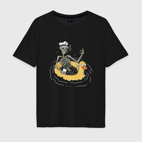 Мужская футболка хлопок Oversize с принтом Скелет плавает на резиновой уточке в Санкт-Петербурге, 100% хлопок | свободный крой, круглый ворот, “спинка” длиннее передней части | 