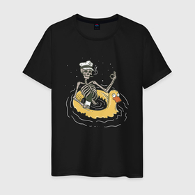 Мужская футболка хлопок с принтом Скелет плавает на резиновой уточке в Санкт-Петербурге, 100% хлопок | прямой крой, круглый вырез горловины, длина до линии бедер, слегка спущенное плечо. | 