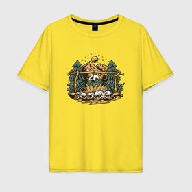 Мужская футболка хлопок Oversize с принтом Черепа и костер в Новосибирске, 100% хлопок | свободный крой, круглый ворот, “спинка” длиннее передней части | Тематика изображения на принте: 