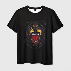 Мужская футболка 3D с принтом Rottweiler face black , 100% полиэфир | прямой крой, круглый вырез горловины, длина до линии бедер | 