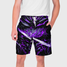 Мужские шорты 3D с принтом Фиолетовый камень на чёрном фоне в Белгороде,  полиэстер 100% | прямой крой, два кармана без застежек по бокам. Мягкая трикотажная резинка на поясе, внутри которой широкие завязки. Длина чуть выше колен | 