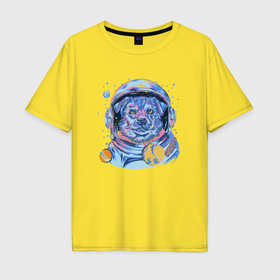 Мужская футболка хлопок Oversize с принтом Собака космонавт в Белгороде, 100% хлопок | свободный крой, круглый ворот, “спинка” длиннее передней части | Тематика изображения на принте: 