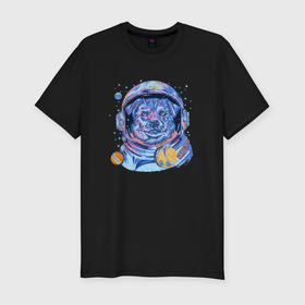 Мужская футболка хлопок Slim с принтом Собака космонавт в Белгороде, 92% хлопок, 8% лайкра | приталенный силуэт, круглый вырез ворота, длина до линии бедра, короткий рукав | Тематика изображения на принте: 