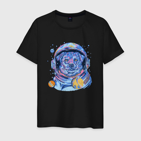 Мужская футболка хлопок с принтом Собака космонавт в Новосибирске, 100% хлопок | прямой крой, круглый вырез горловины, длина до линии бедер, слегка спущенное плечо. | Тематика изображения на принте: 