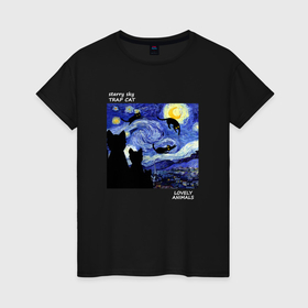 Женская футболка хлопок с принтом Звёздная ночь и котики в Петрозаводске, 100% хлопок | прямой крой, круглый вырез горловины, длина до линии бедер, слегка спущенное плечо | 