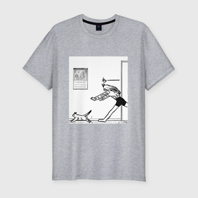 Мужская футболка хлопок Slim с принтом Пауэр бежит за котом в Новосибирске, 92% хлопок, 8% лайкра | приталенный силуэт, круглый вырез ворота, длина до линии бедра, короткий рукав | 