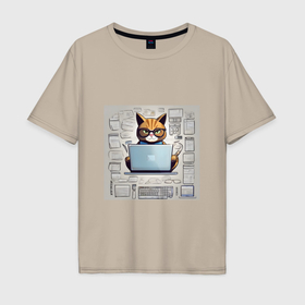 Мужская футболка хлопок Oversize с принтом Кот программист за ноутбуком в Екатеринбурге, 100% хлопок | свободный крой, круглый ворот, “спинка” длиннее передней части | 
