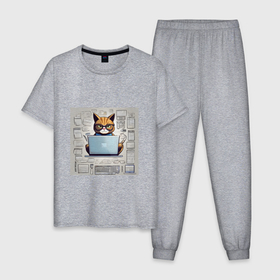 Мужская пижама хлопок с принтом Кот программист за ноутбуком , 100% хлопок | брюки и футболка прямого кроя, без карманов, на брюках мягкая резинка на поясе и по низу штанин
 | 