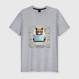 Мужская футболка хлопок Slim с принтом Кот программист за ноутбуком в Тюмени, 92% хлопок, 8% лайкра | приталенный силуэт, круглый вырез ворота, длина до линии бедра, короткий рукав | 