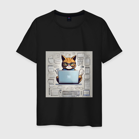 Мужская футболка хлопок с принтом Кот программист за ноутбуком , 100% хлопок | прямой крой, круглый вырез горловины, длина до линии бедер, слегка спущенное плечо. | 