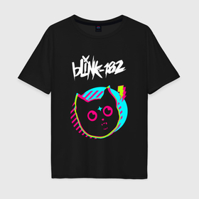 Мужская футболка хлопок Oversize с принтом Blink 182 rock star cat в Екатеринбурге, 100% хлопок | свободный крой, круглый ворот, “спинка” длиннее передней части | 