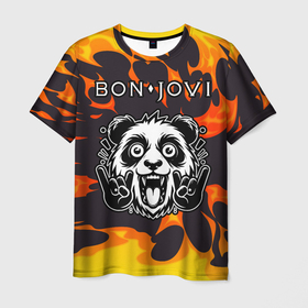 Мужская футболка 3D с принтом Bon Jovi рок панда и огонь в Белгороде, 100% полиэфир | прямой крой, круглый вырез горловины, длина до линии бедер | 