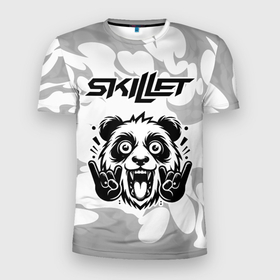 Мужская футболка 3D Slim с принтом Skillet рок панда на светлом фоне в Санкт-Петербурге, 100% полиэстер с улучшенными характеристиками | приталенный силуэт, круглая горловина, широкие плечи, сужается к линии бедра | 