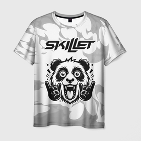 Мужская футболка 3D с принтом Skillet рок панда на светлом фоне в Санкт-Петербурге, 100% полиэфир | прямой крой, круглый вырез горловины, длина до линии бедер | 