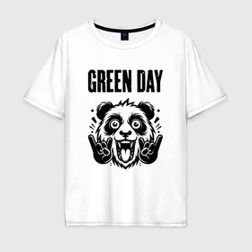 Мужская футболка хлопок Oversize с принтом Green Day   rock panda в Петрозаводске, 100% хлопок | свободный крой, круглый ворот, “спинка” длиннее передней части | 