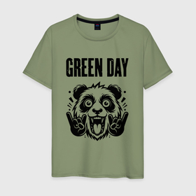 Мужская футболка хлопок с принтом Green Day   rock panda в Санкт-Петербурге, 100% хлопок | прямой крой, круглый вырез горловины, длина до линии бедер, слегка спущенное плечо. | 