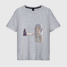 Мужская футболка хлопок Oversize с принтом Фрирен Провожающая в последний путь улыбается в Петрозаводске, 100% хлопок | свободный крой, круглый ворот, “спинка” длиннее передней части | 