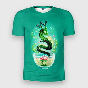 Мужская футболка 3D Slim с принтом Чайный дракон в Санкт-Петербурге, 100% полиэстер с улучшенными характеристиками | приталенный силуэт, круглая горловина, широкие плечи, сужается к линии бедра | Тематика изображения на принте: 