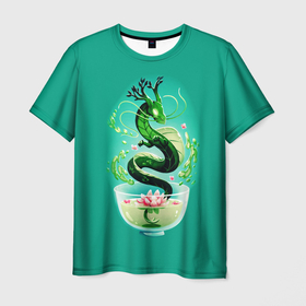Мужская футболка 3D с принтом Чайный дракон в Санкт-Петербурге, 100% полиэфир | прямой крой, круглый вырез горловины, длина до линии бедер | Тематика изображения на принте: 