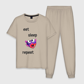 Мужская пижама хлопок с принтом Eat sleep woohoo repeat в Тюмени, 100% хлопок | брюки и футболка прямого кроя, без карманов, на брюках мягкая резинка на поясе и по низу штанин
 | Тематика изображения на принте: 