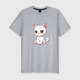 Мужская футболка хлопок Slim с принтом Умилительный белый котёнок в Курске, 92% хлопок, 8% лайкра | приталенный силуэт, круглый вырез ворота, длина до линии бедра, короткий рукав | 