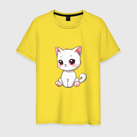 Мужская футболка хлопок с принтом Умилительный белый котёнок в Тюмени, 100% хлопок | прямой крой, круглый вырез горловины, длина до линии бедер, слегка спущенное плечо. | 