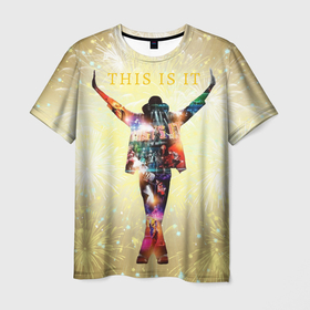 Мужская футболка 3D с принтом Michael Jackson THIS IS IT   с салютами на золотом фоне в Курске, 100% полиэфир | прямой крой, круглый вырез горловины, длина до линии бедер | 