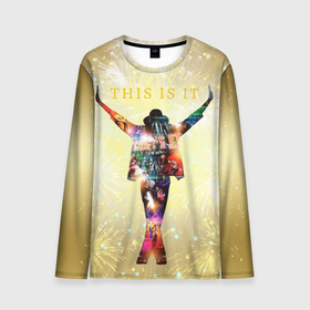 Мужской лонгслив 3D с принтом Michael Jackson THIS IS IT   с салютами на золотом фоне в Екатеринбурге, 100% полиэстер | длинные рукава, круглый вырез горловины, полуприлегающий силуэт | Тематика изображения на принте: 