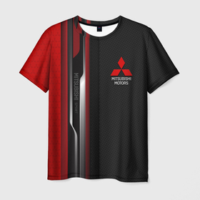 Мужская футболка 3D с принтом Mitsubishi   carbon style в Кировске, 100% полиэфир | прямой крой, круглый вырез горловины, длина до линии бедер | 