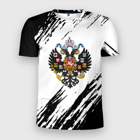 Мужская футболка 3D Slim с принтом Герб России краски черно белые в Новосибирске, 100% полиэстер с улучшенными характеристиками | приталенный силуэт, круглая горловина, широкие плечи, сужается к линии бедра | 