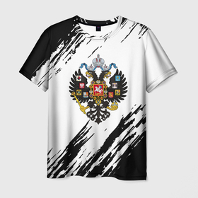 Мужская футболка 3D с принтом Герб России краски черно белые в Белгороде, 100% полиэфир | прямой крой, круглый вырез горловины, длина до линии бедер | 